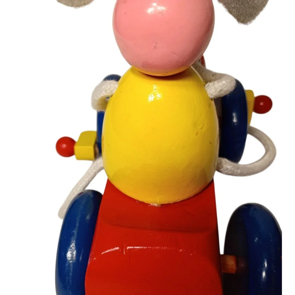 Vintage Toy Pull‎ Along Mouse Wooden Tricycle Bike Colorful Felt Ears